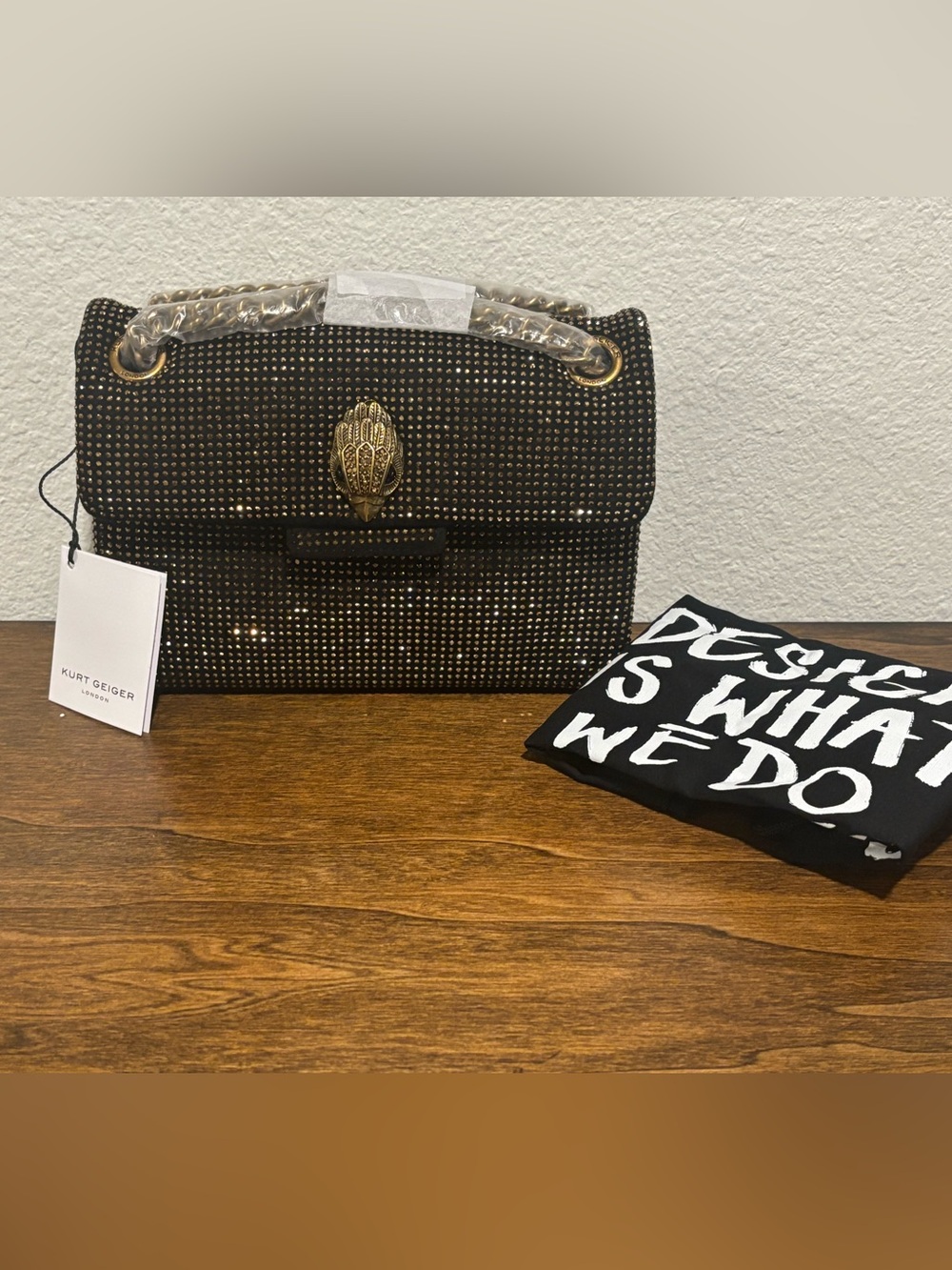 Kurt Geiger Black Gold Tone Embellishments Shoulder Bag with Gold Clasp